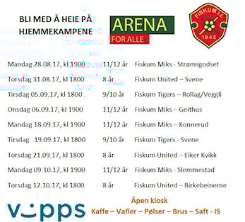 FISKUM ARENA hjemmekamper høsten 2017